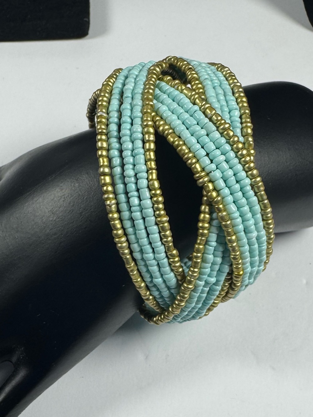 Light Blue and Gold Multi-Strand Seed Bead Bracelet